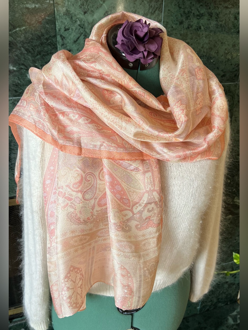 Lovely Mila Schön Silk Scarf Peach & Cream Paisley Patterns Oblong Neckwear